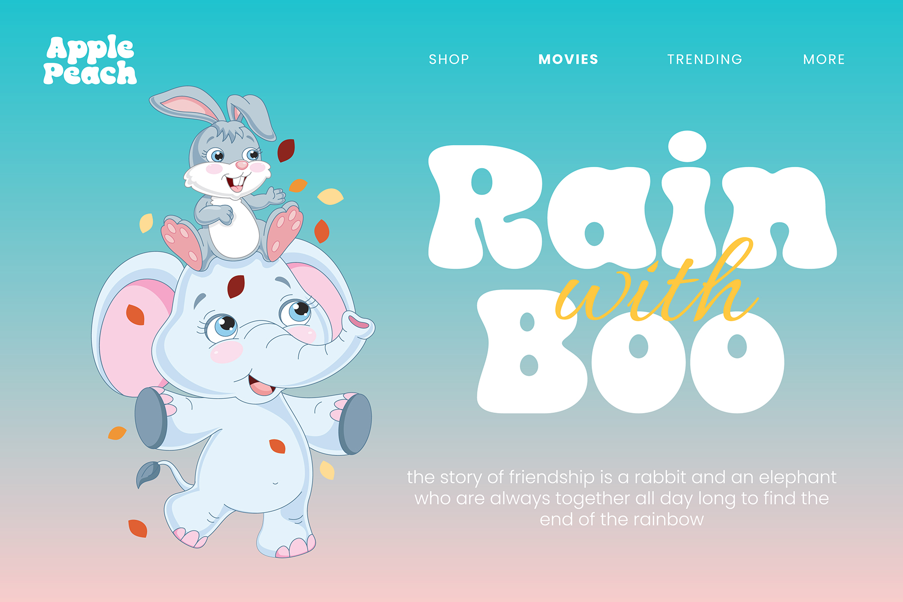 Kids webpage showing elephant with rabbit on shoulders next to large text layout