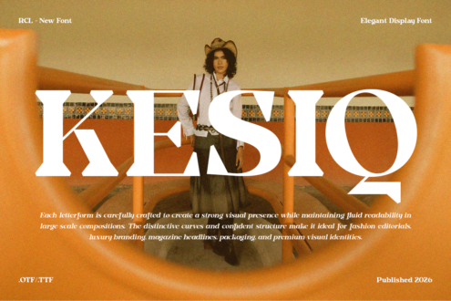KFISIQ font display with serif letterforms on vintage desert photo backdrop