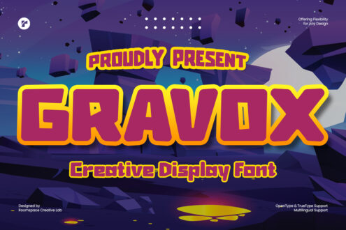 Bold display font 'Gravdx' in yellow with red outline on abstract 3D purple geometric background