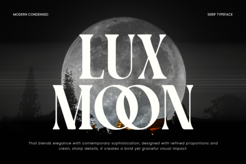 Lux Moon condensed serif font overlaid on moon landscape scene