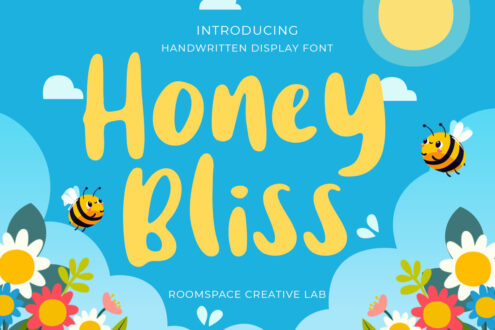 Honey Bliss handwritten display font with bees, flowers, clouds on bright blue background