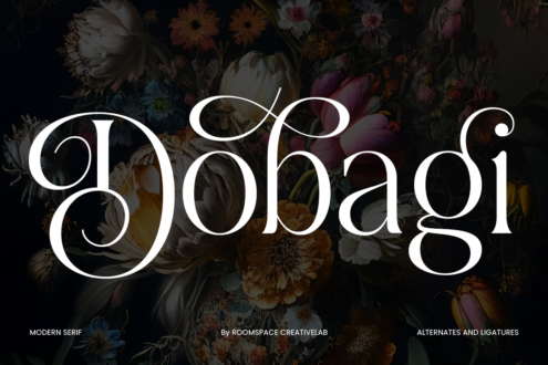 Sobagi serif typeface in white over dark moody floral background