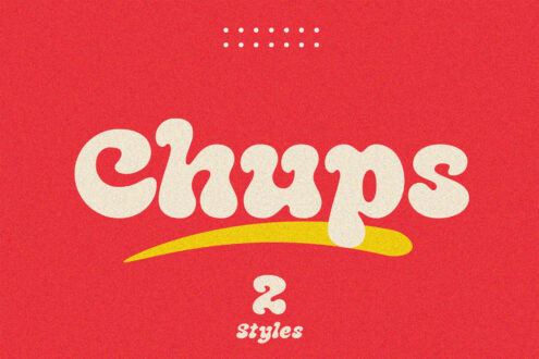 Bold retro font design reading Chups with two styles on a red textured background, featuring playful curves; ideal for creative graphic projects.