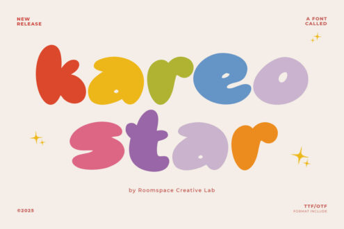 Bubbly rounded font called Borreo Stear in multiple bright colors on cream backdrop