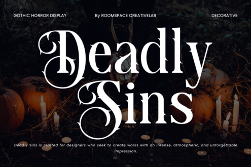 Deadly Sins gothic display font over pumpkins, candles, dead branches scene