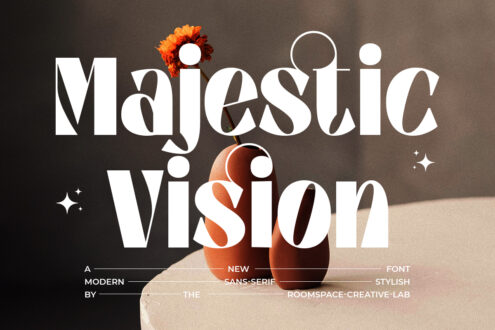 Majestic Vision font display with orange flowers on neutral backdrop