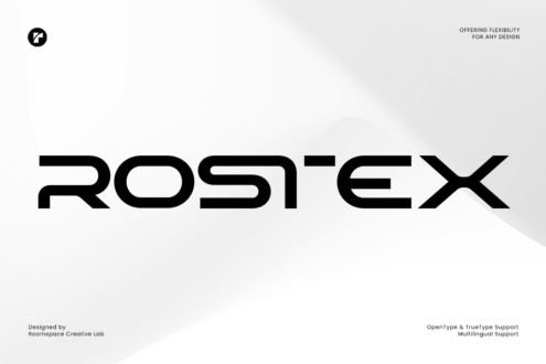 Rostex bold geometric typeface with rounded terminals on light gray background