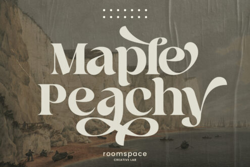 Maple Peachy serif font overlaid on moody landscape with boats in misty water