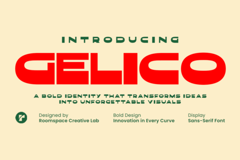 Geligo font intro with red letters on cream background, bold sans-serif display typeface