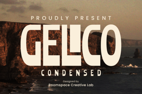 Large cream GELICO CONDENSED letters overlaid on moody rocky coastal landscape