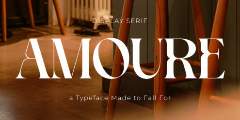 Amoure display serif font sample overlaid on wooden interior design setting