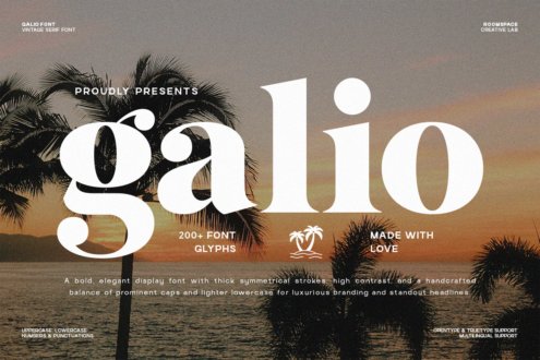 Galio display font over sunset palm trees, 200 glyphs, bold elegant typeface mockup