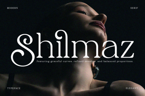 Shimaz serif typeface specimen displaying elegant letterforms on dark background with face profile
