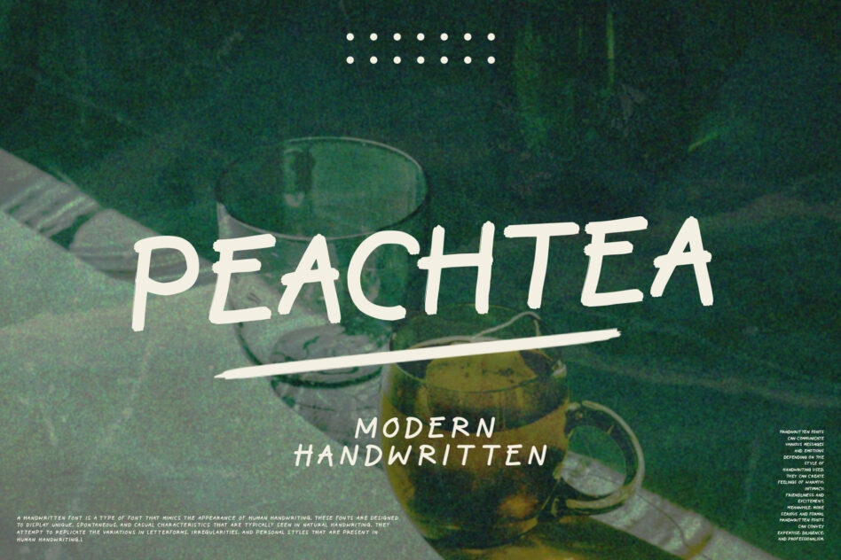 Handwritten font display over green tea cups with decorative dots