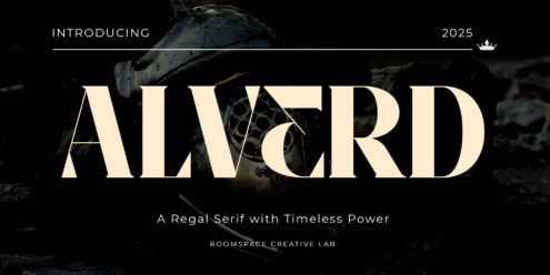 Aiwerd serif font on dark background with sword imagery, 2025 intro text