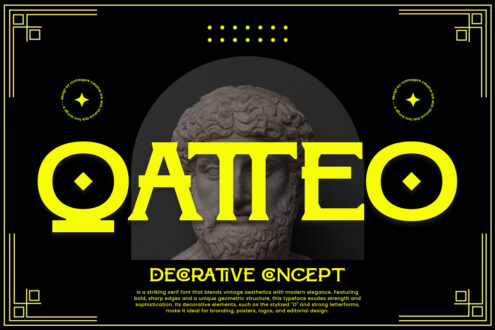 Stone head sculpture covered by bright yellow serif font QATTEO with gold geometric border frame