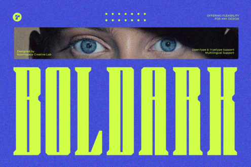 Blue typeface demo with close-up eye image, large neon yellow letterforms, grainy texture overlay