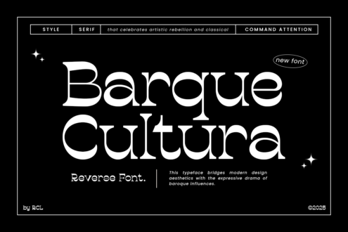 Baroque Cultura serif font specimen with dramatic white letters on black