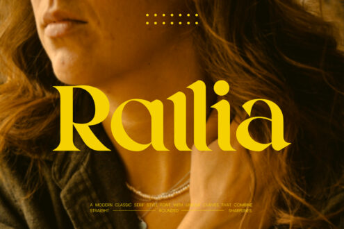Woman with auburn hair wearing Railia serif font display in yellow text