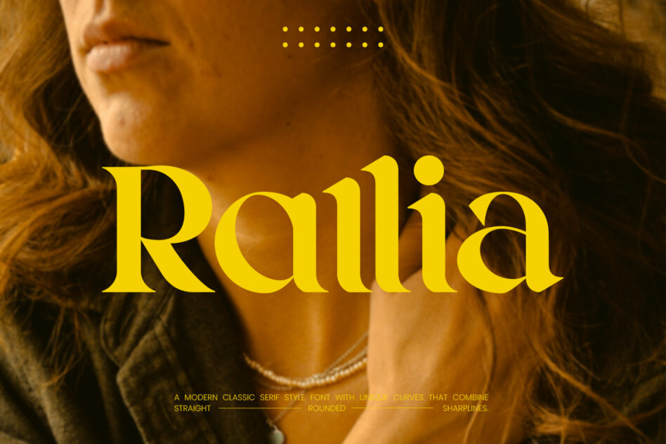 Woman with auburn hair wearing Railia serif font display in yellow text