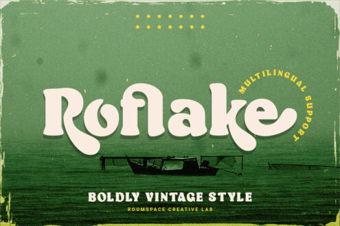 Roflake vintage retro font display with multilingual support on distressed green texture