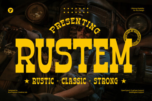 Man in sunglasses leaning on vintage car with PRESENTING RUSTEM font display