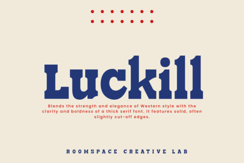 Luckill font display in bold navy blue with red dots above on cream background