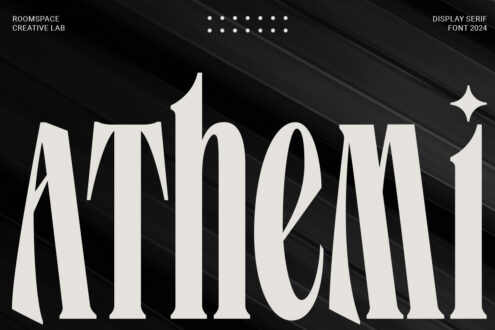 Striped serif display font showing ATHROMI with geometric pattern on black textured background