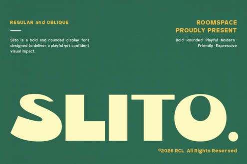 Display font Slito in cream on dark teal showing rounded letterforms in regular with oblique styles