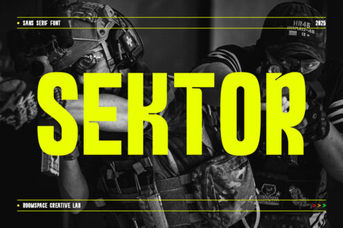 Striking yellow sans serif typeface spelling SERTOR overlaid on black white grainy photo of people in tactical gear