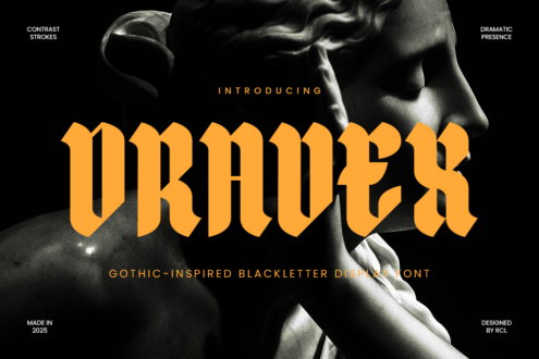 Gothic blackletter font display with golden letters over marble statue sculpture
