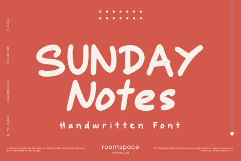 Sunday Notes handwritten font display with cozy vibes tagline on coral background