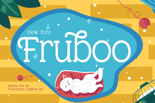 Fruboo font display with playful cat character on blue organic blob