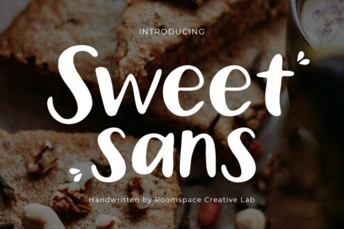 Sweet Sans font display over warm cinnamon roll background, introducing handwritten typeface