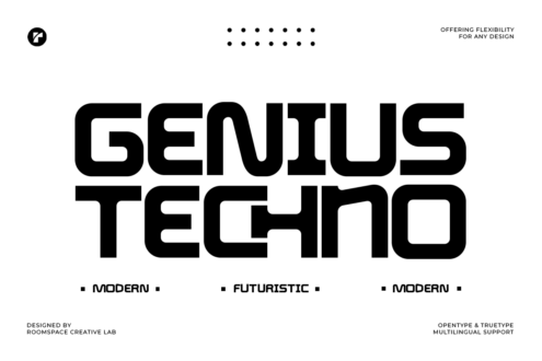 Genius Techno font display in bold black letters with size variations
