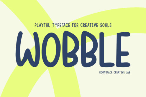 Wobble typeface in large navy letters on lime yellow abstract background with tagline