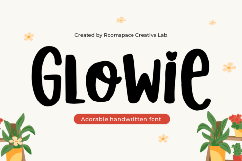 Glowir font display with potted plants, small flowers on cream background
