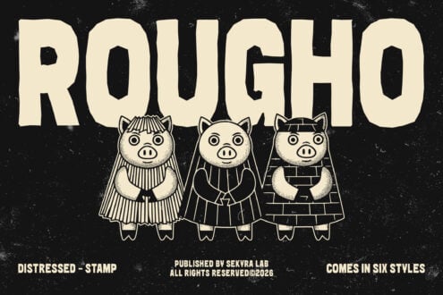 Rougho font showing six pig character styles in line art illustration