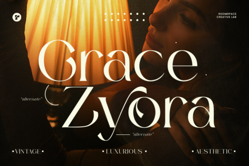 Grace Zyora serif font specimen showing alternate characters with warm golden fabric texture overlay