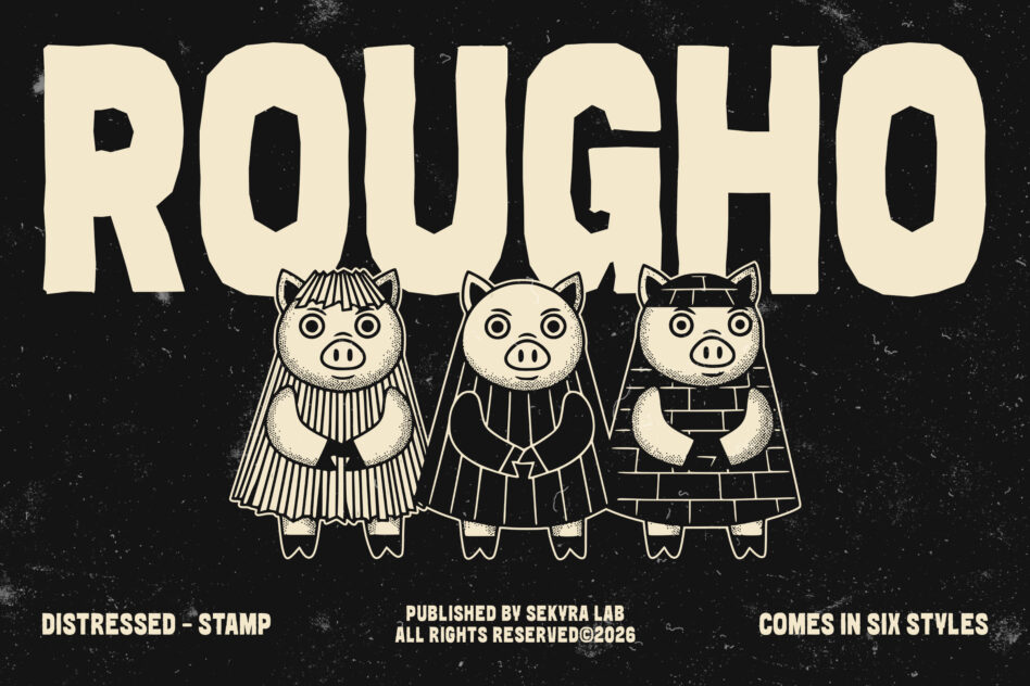 Rougho font showing six pig character styles in line art illustration
