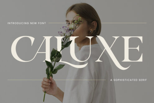 Caluxe Serif typeface presentation with woman holding flowers, sophisticated font