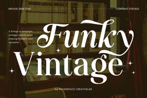 Funky Vintage serif font with flourishes showcased over moody interior backdrop with red curtains
