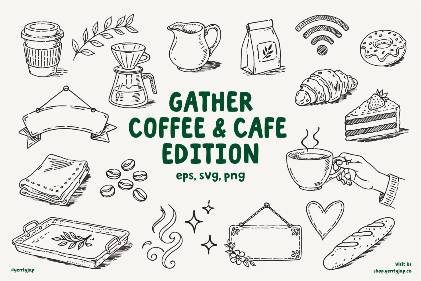 Coffee shop doodles with cups, brewer, pastry, croissant, napkins, heart