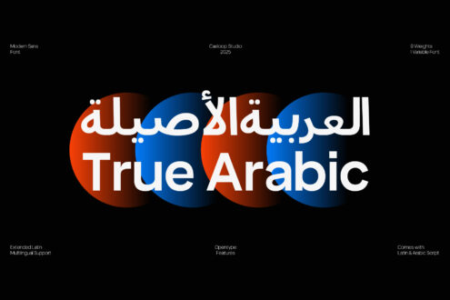 Black background with True Arabic typeface in white text overlaid on red blue circular shapes