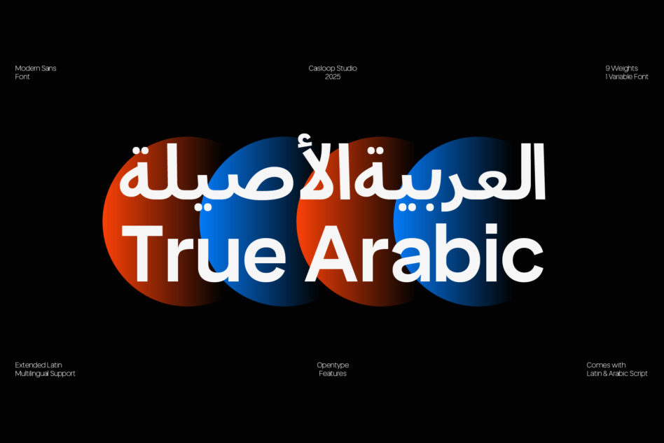 Black background with True Arabic typeface in white text overlaid on red blue circular shapes