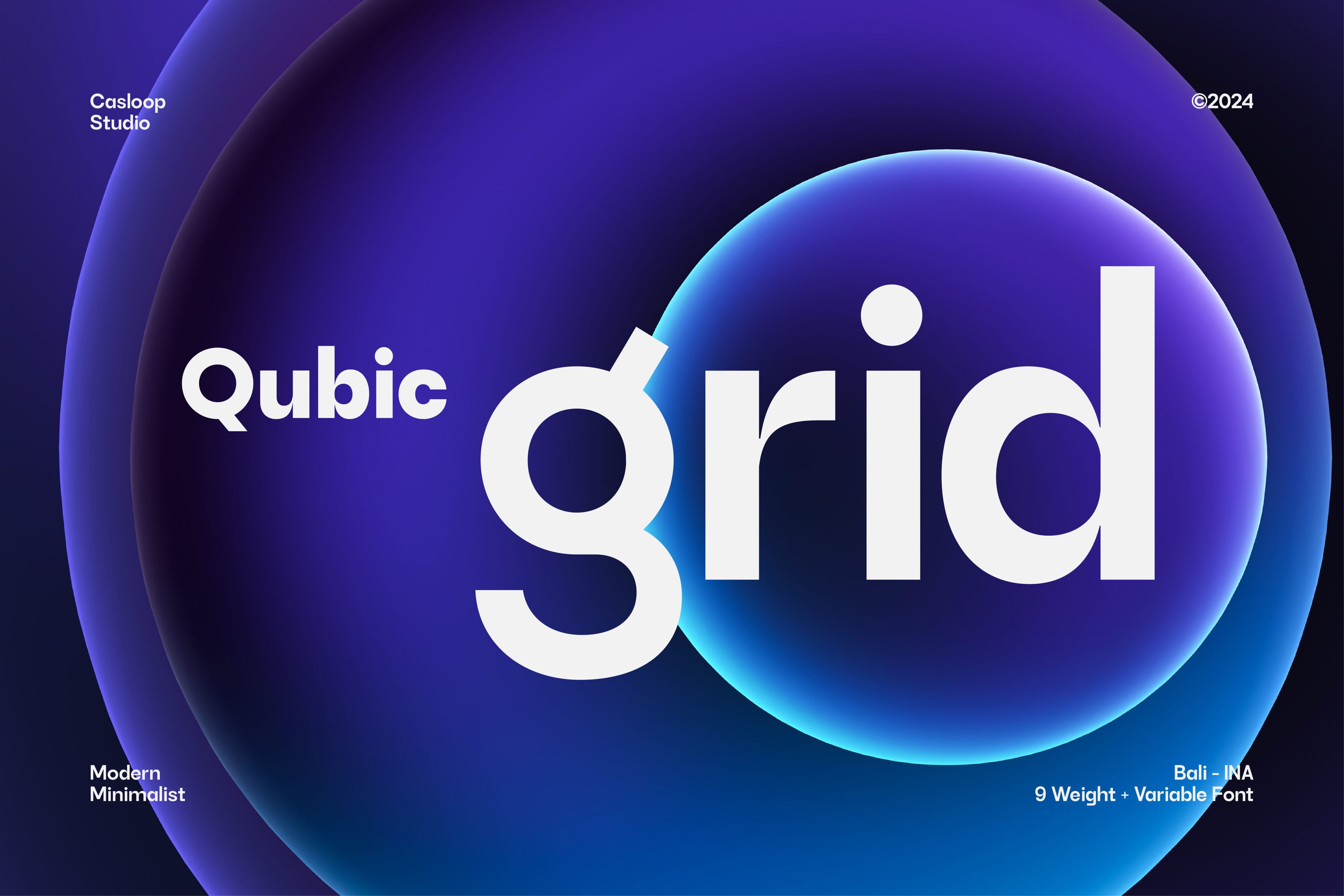 Glowing sphere with Qubic Grid title over gradient purple background
