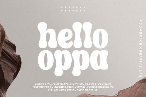 Beige background with white rounded font displaying hello oppa text