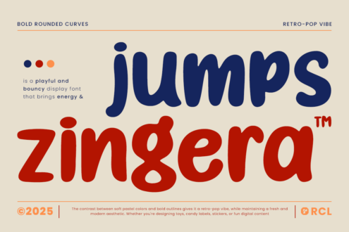 Jumps Zingera font display showing bold rounded blue lettering with red subtitle, retro pop aesthetic, beige background
