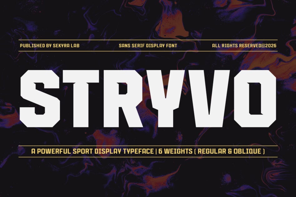 Stryvo bold sans serif typeface sample showing powerful sport display font weights