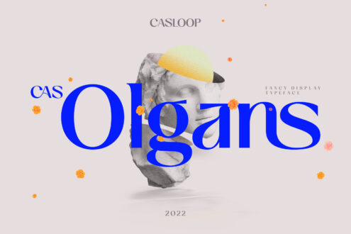 Casloop display typeface with surreal sculptural head wearing yellow cap, floating orange orbs, beige background
